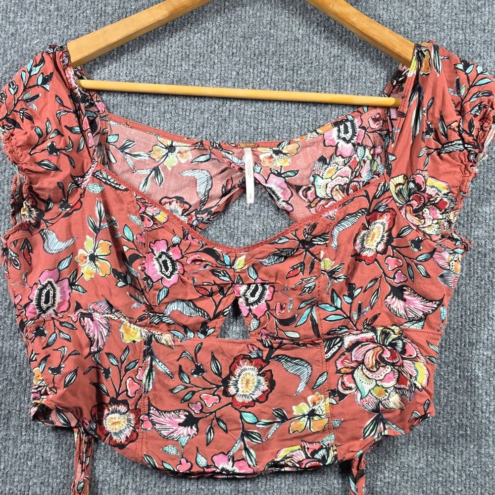Free People Top Womens Small Give Me More Floral Puff Sleeve Cropped Blouse Rust - Picture 4 of 9